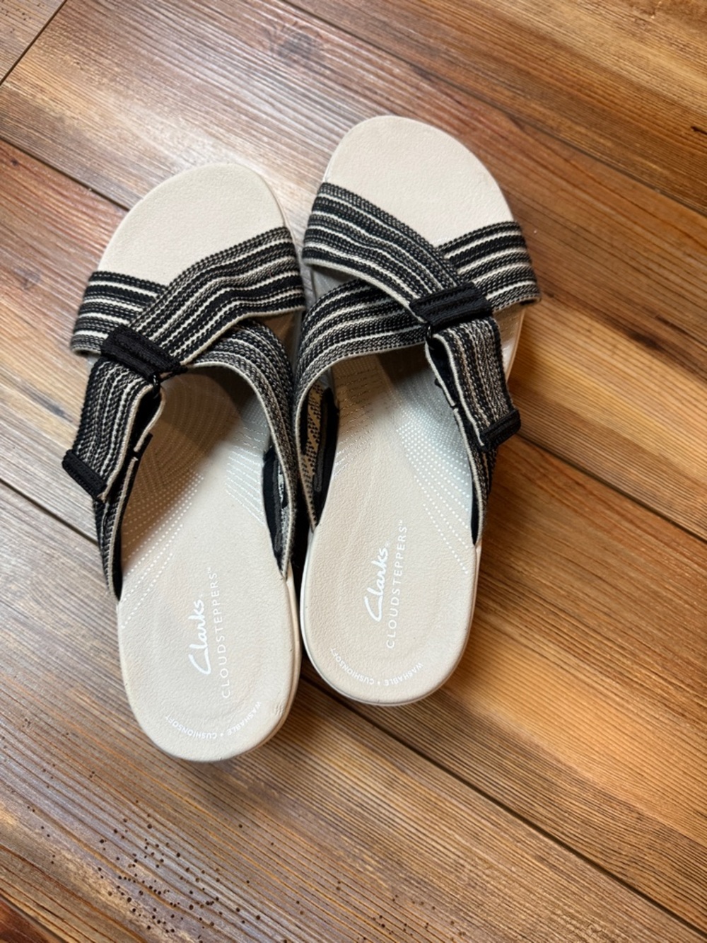 Clarks Black & Cream Striped Slip-On Sandals